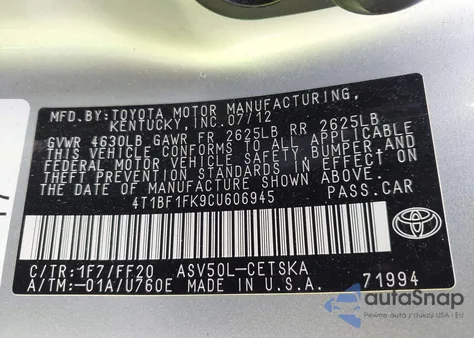 2012 Toyota Camry Se z USA, uszkodzony, nr VIN 4T1BF1FK9CU606945